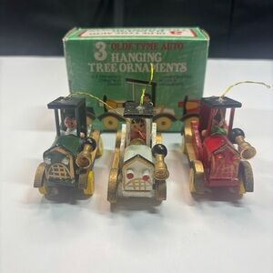 3 Olde Tyme Auto Hanging Christmas Tree Wooden Ornaments Vintage In Box Vtg